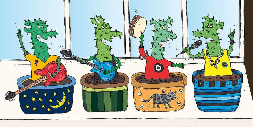 кактуси, рок група, перваза на прозореца, цветарски, флора, растения, чертеж, сочен, музика, ботаника, музиканти