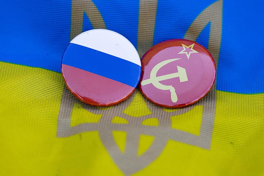 Ucrania, Rusia, Unión Soviética, martillo, hoz, el rojo y el oro, La bandera roja, bandera, botones, amarillo, azul