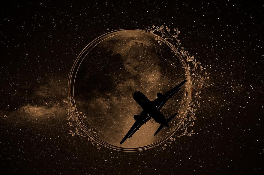 mėnulis, erdvė, lėktuvas, naktis