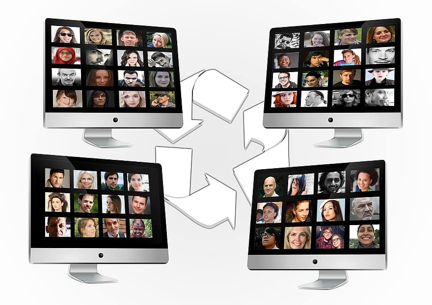 közösségi média, monitor, csere, képernyő, arcok, fotóalbum, közösségi hálózatok, média, rendszer, háló, hírek