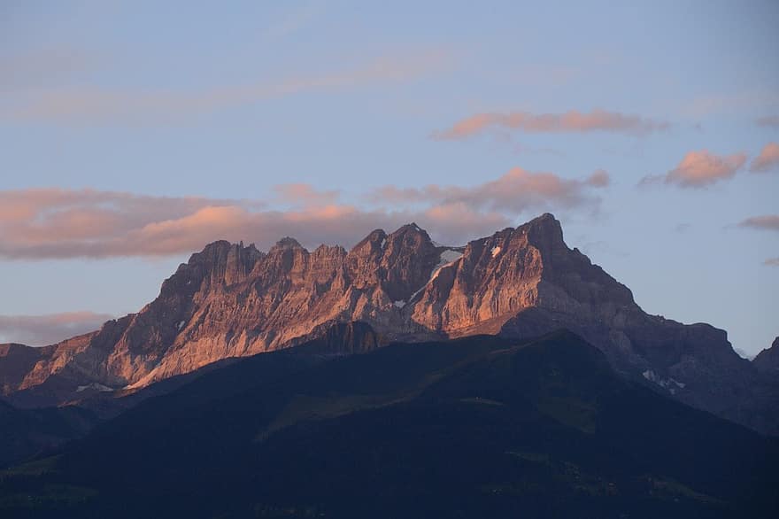 berg, alperna, solnedgång, topp, summit, skymning, moln, natur, landskap, schweiz, bergstopp