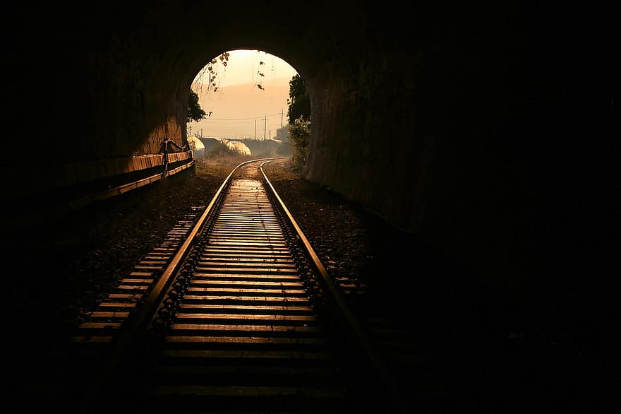 tunnel, jernbane, mørk, skinne, togspor, jernbanespor