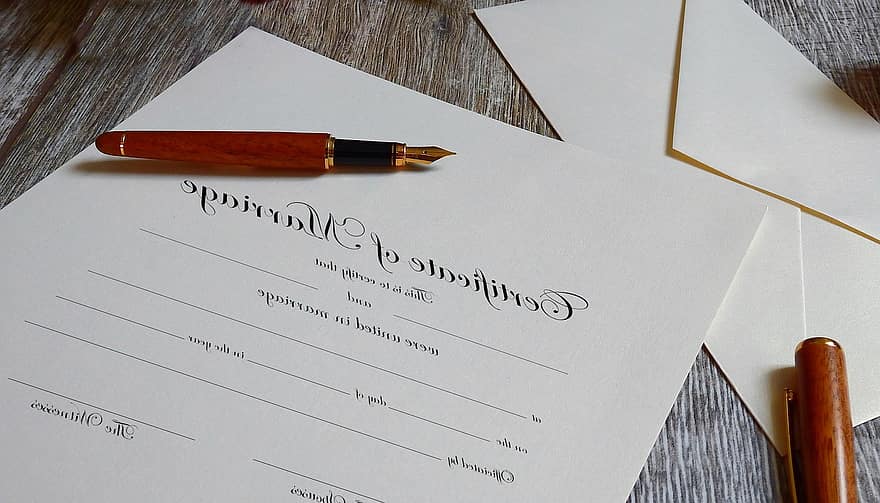 chứng chỉ, thủ tục giấy tờ, hợp đồng, tài liệu, kết hôn, liên hiệp, Chữ ký, lễ cưới, cây bút, giấy, phong bì