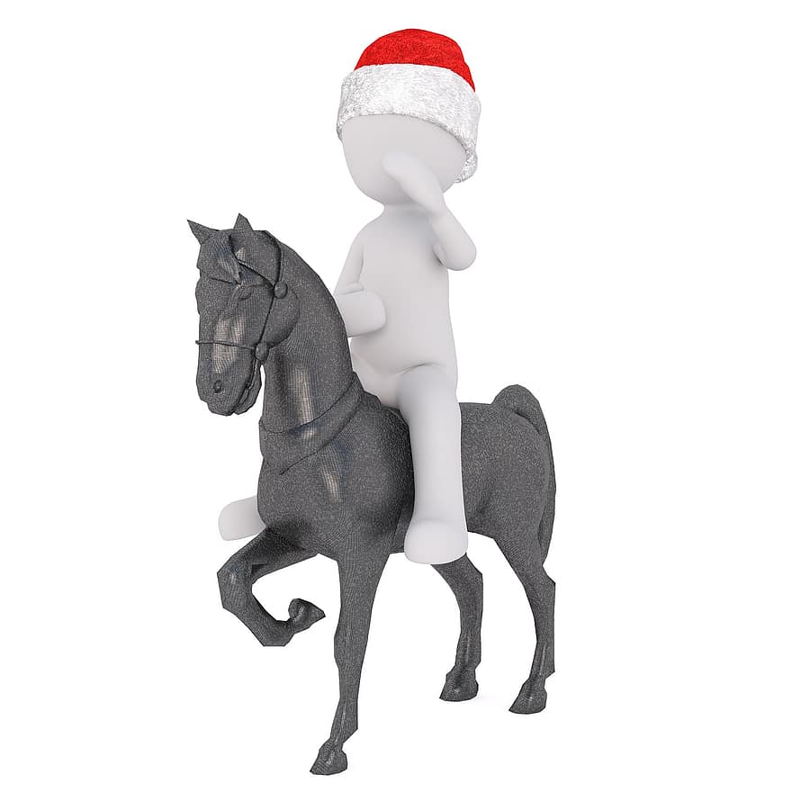 weißer Mann, 3D-Modell, Ganzkörper, 3d weihnachtsmütze, Weihnachten, Weihnachtsmütze, 3d, Weiß, isoliert, Wiederholung, Pferd