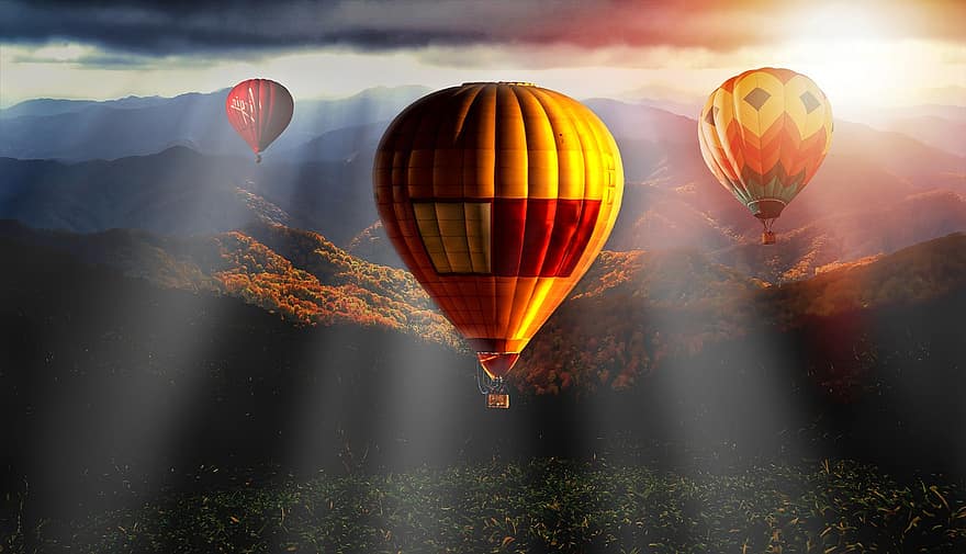 Hot Air Balloon, Mountains, Hills, Forest, Autumn, Shirakami-sanchi, Ride, Landscape, Sunbeams, Sunlight, Mountain Ranges