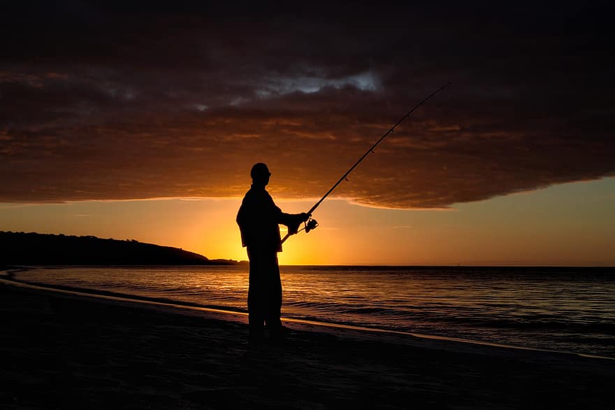 日の出、釣り、ビーチ、漁師、シルエット、釣り竿、海岸、海、海洋、自然、朝