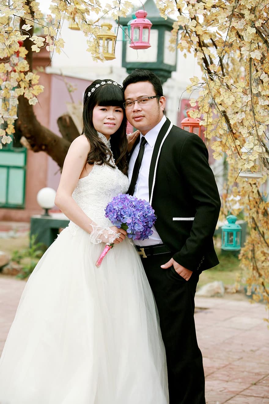 Hochzeit, Paar, Jungvermählten, Braut, Bräutigam, asiatisch