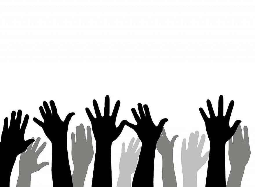 mãos, mão, levantado, mãos levantadas, mãos ao ar, sim, votando, arte, Preto, cinzento, branco