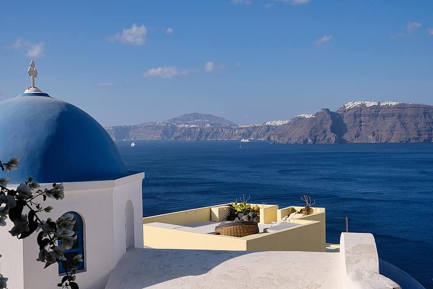 Iglesia, mar, Grecia, Santorin, panorama, vacaciones, santorini, azul, caldera, arquitectura, viaje