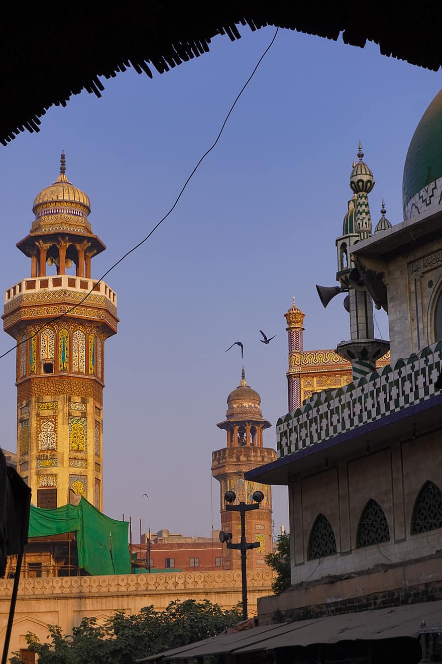 mošeja, Lahore, Pakistāna, arhitektūra, slavenā vieta, reliģiju, kultūras, minarets, ēkas ārpuse, uzbūvēta struktūra, vēsture