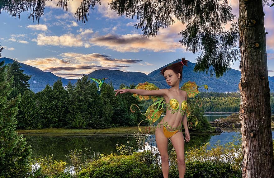 Background, Mountains, Forest, Lake, Fairy, Hummingbird, Fantasy, Female, Character, Digital Art, women