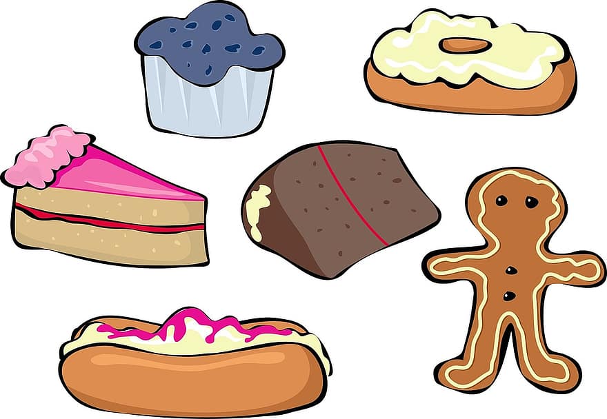 Sweet, Dessert, Food, Set, Items, Gingerbread, Cream, Cream Cakes, Muffing, Cream Donut, Donut