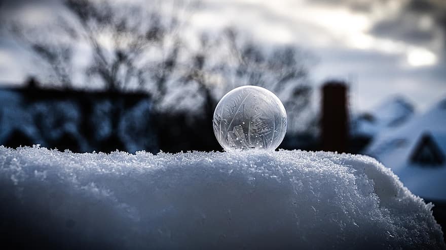 bubbla, frysta, snö, is, iskristaller, frost, vinter-, såpbubbla, boll, kall, snöig