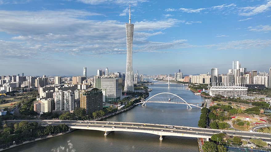 ponte, rio, prédios, urbano, cidade, guangzhou, paisagem urbana, lugar famoso, arquitetura, arranha-céu, horizonte urbano