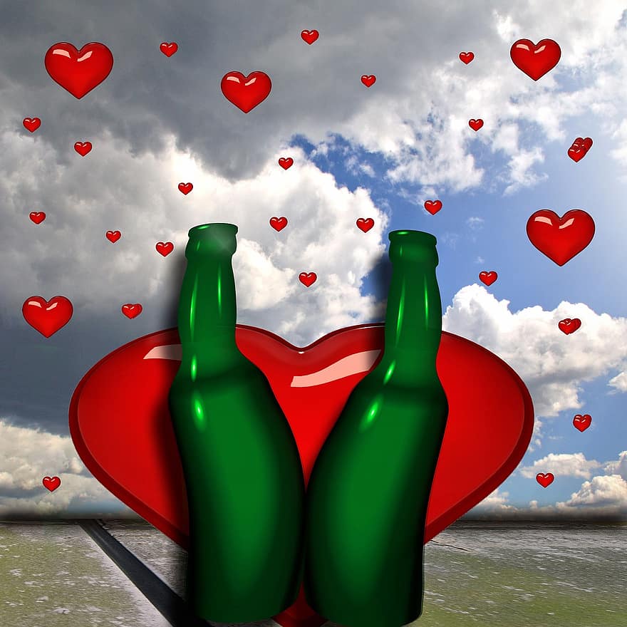 hart-, fles, liefde, rood, genegenheid, romance, achtergrond, alcoholische drank, alcohol, lege fles, vieren