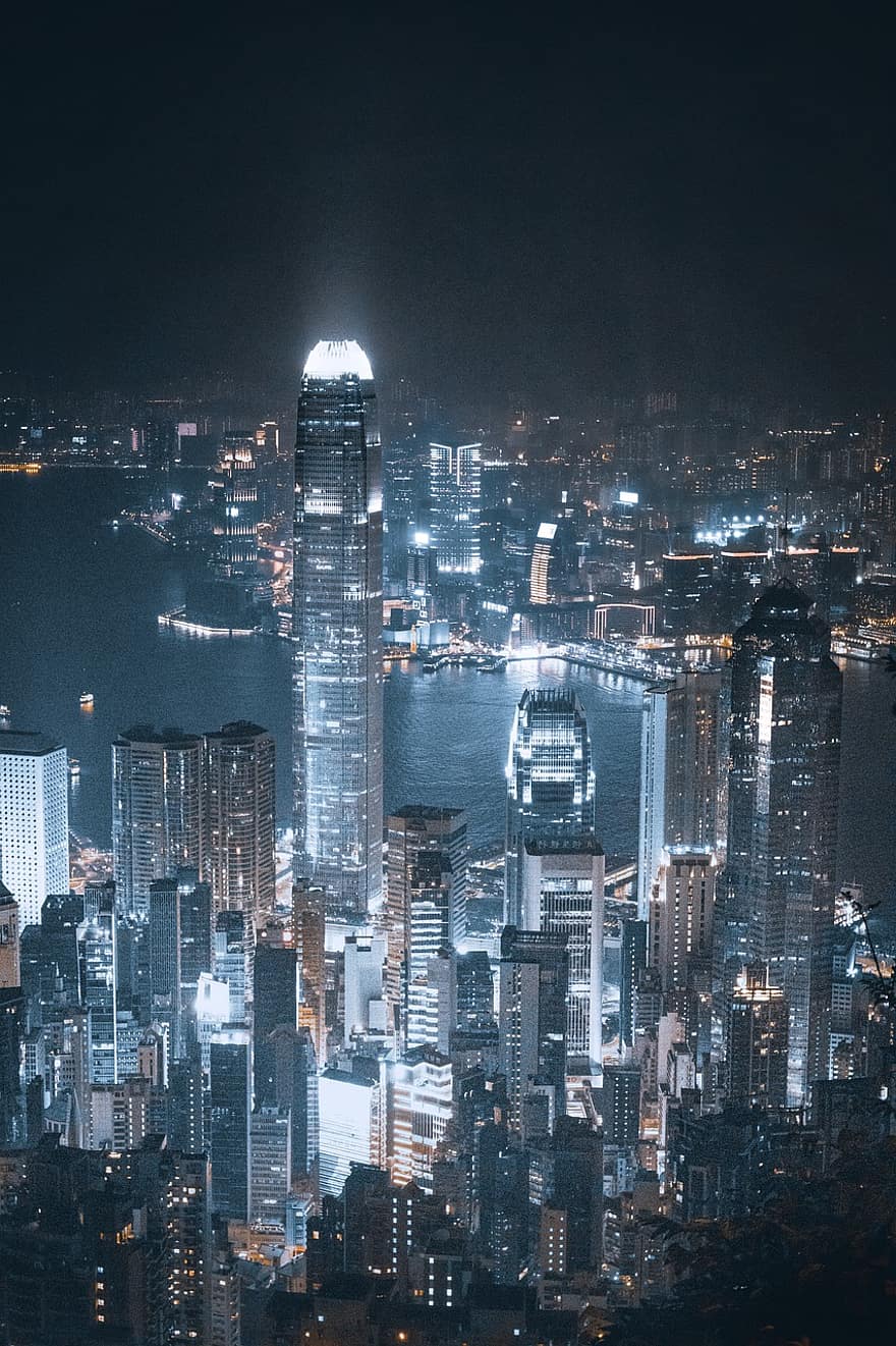 Miasto, Hongkong, nocne światła, pejzaż miejski, miejskie światła