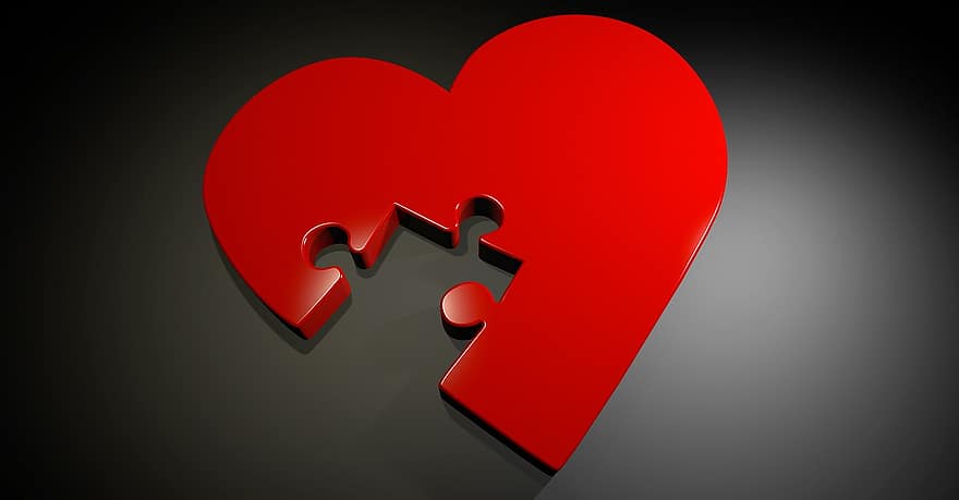sydän, rakkaus, palapeli, puuttuva osa, kumppanuus, yhteys, Jaa, 3d-malli, tehtävä, ratkaisu, ongelma