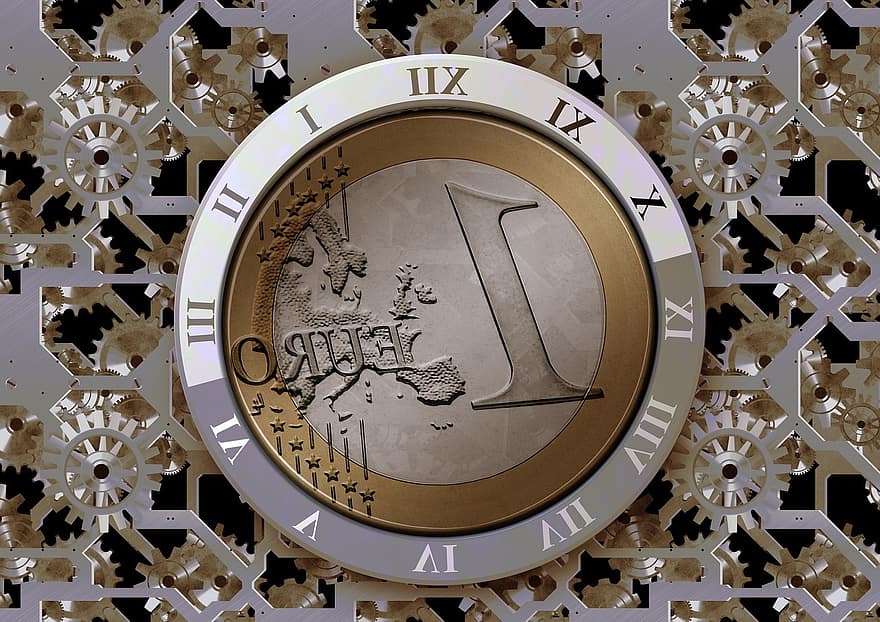 クロック、時間、ユーロ、お金、通貨、ヨーロッパ、歯、歯車、グラインダー、メッシュ、関係