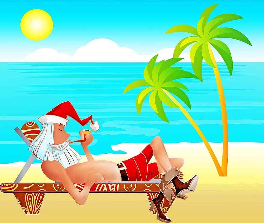Kalėdų Senelis paplūdimyje, Kalėdos paplūdimyje, jūros, smėlis, juokinga, šventė, Kalėdos, žiemą, sezoną, vanduo, vandenynas