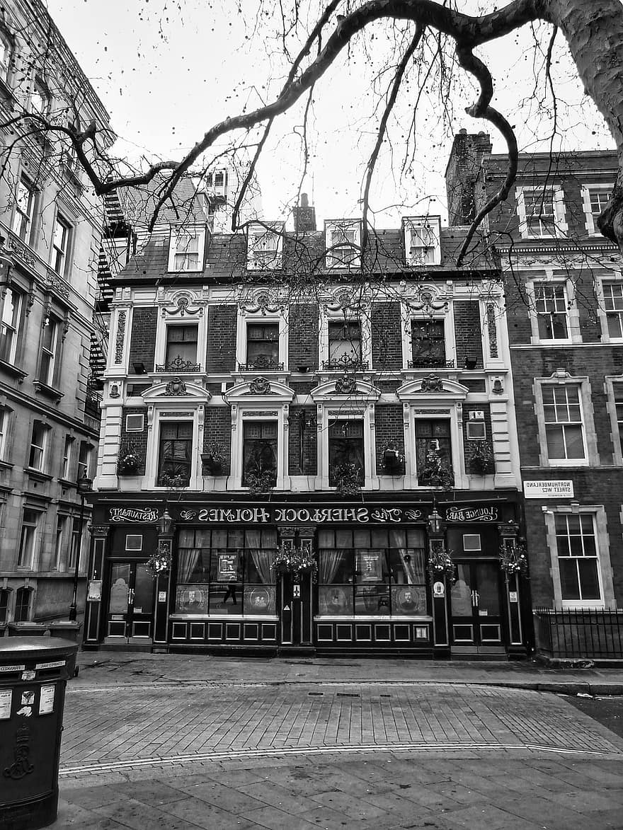 Sherlock Holmes, pub, Lontoo, yksivärinen, rakennus, ravintola, maamerkki, kuuluisa, arkkitehtuuri, neliö-, mustavalkoinen