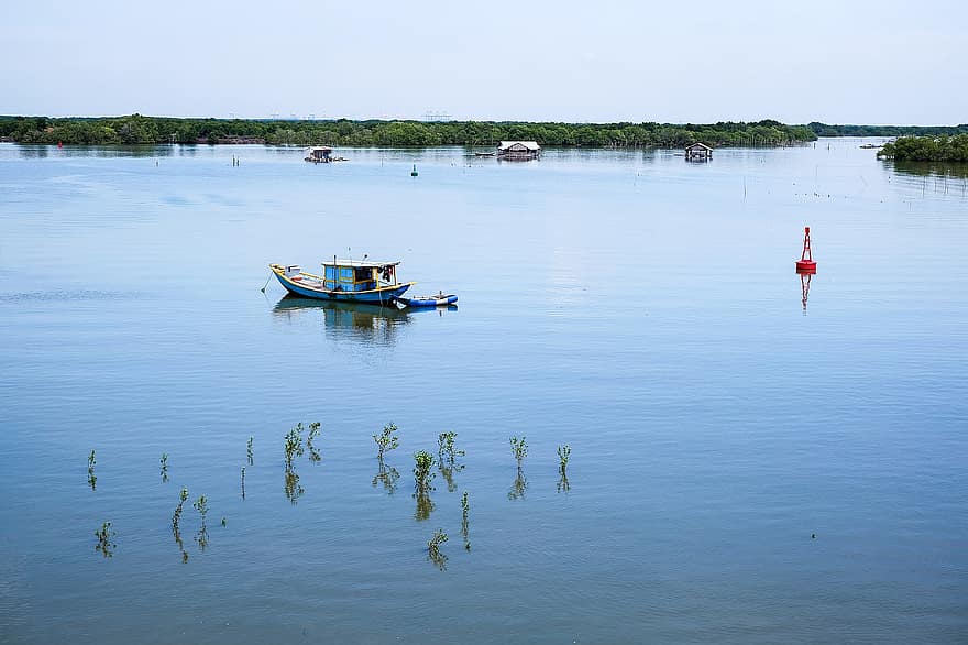 folyó, hajó, vidéki táj, Vietnam, Mekong, kultúra, természet, víz, nyári, kék, halászat