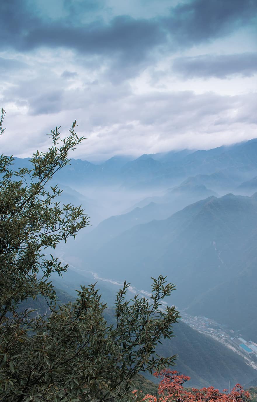 Mountains, Nature, Fog, Valley, City, Town, Scenery, Summit, Clouds, Sky, Landscape