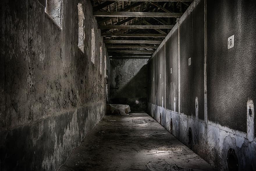 corredor, abandonado, arquitectura, interior, oscuro, antiguo, pasillo, galería, edificio, vacío, piso