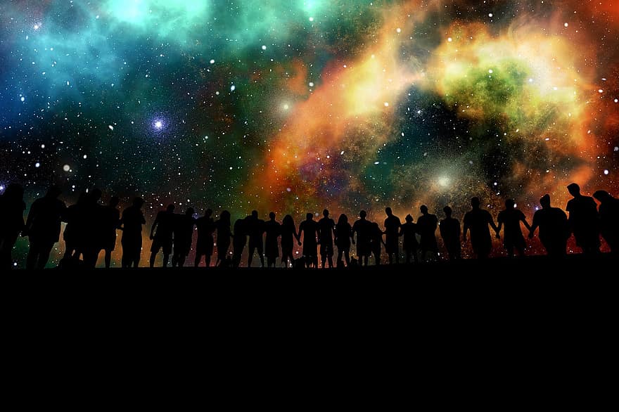 menneskelig, menneskelig kjede, gruppe, personlig, galakse, rom, himmel, stjerne, natt, solidaritet, sammen