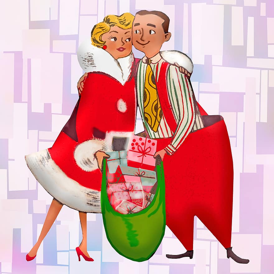 Paar, Geschenke, Liebe, Weihnachten, Weihnachtsmann-Anzug, retro, Hintergrund, Ehe, Jahrgang, Advent, Feier
