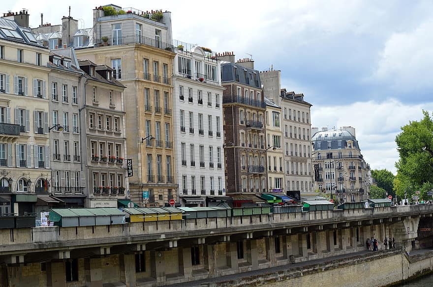 edificios, fachadas, ciudad, calle, se para, libreros, París