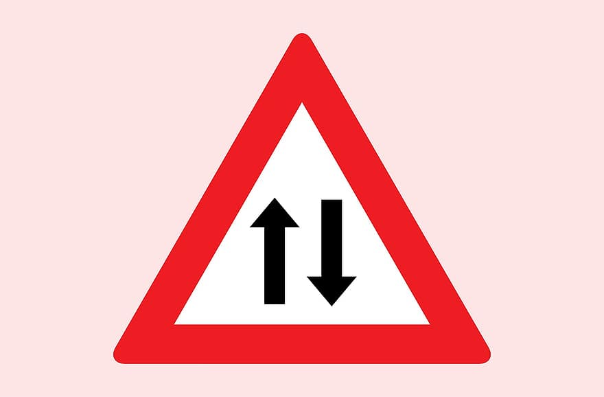 dua, cara, lalu lintas, tanda, jalan, peringatan, merah, panah, reflektif, mengendarai, perhatian