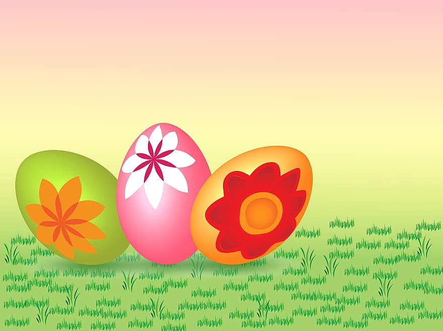 розовый, праздник, красочный, украшен, украшение, Пасха, яйцо, поле, цветок, трава, зеленый