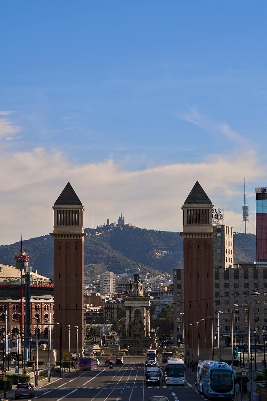 plaça d'espanya, οικοδομικό τετράγωνο, πόλη, κτίρια, πύργους, πυλώνες, πάρκο, αρχιτεκτονική, δρόμος, αστικός, αστικό τοπίο