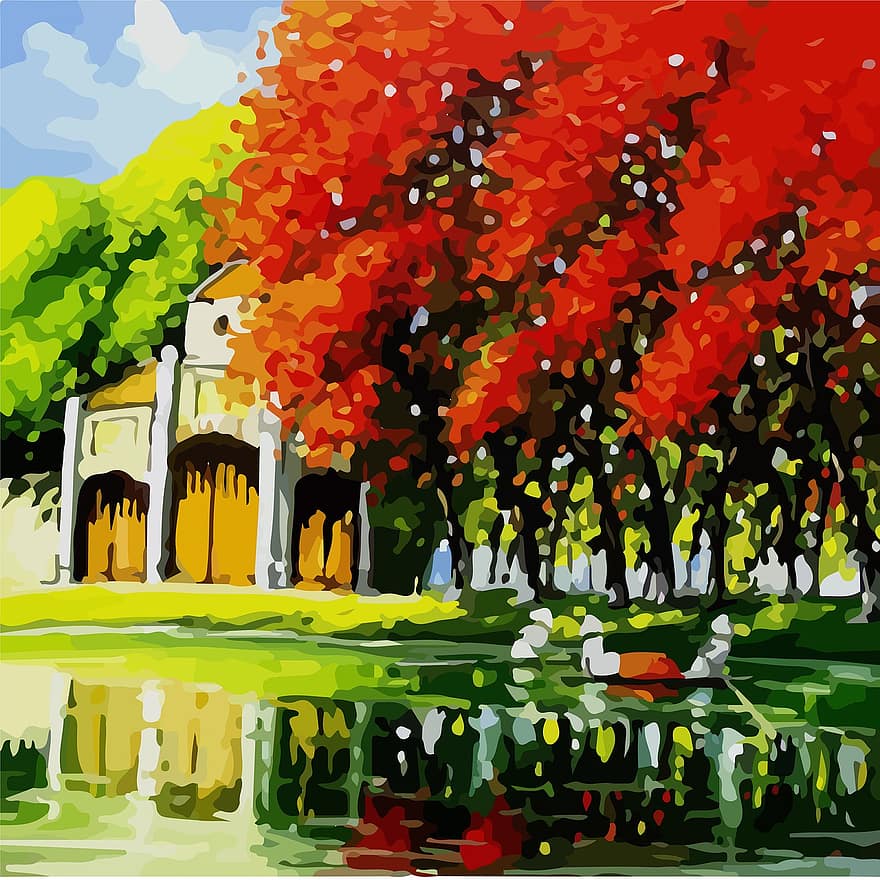 لوحة ، فن Lowpoly ، اللون ، جمال ، خلاق ، طبيعة ، المناظر الطبيعيه ، الخريف ، شجرة ، توضيح ، ورقة الشجر