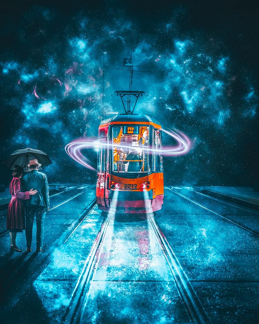 Tram, Umbrella, Man, Woman, Space, Digital Art, Art, Transport, Pair, Rain, Expectation