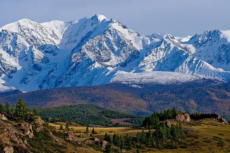 natur, fjellene, reise, utforskning, Altai, høst, steppe, skog, fjell, snø, landskap