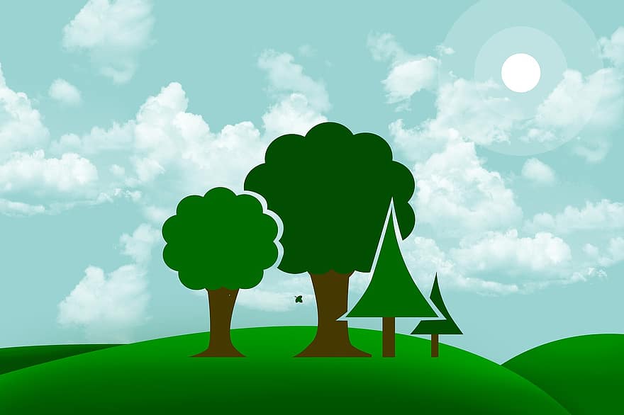 деревья, поле, лес, мультфильм, дерево, трава, летом, иллюстрация, зеленого цвета, пейзаж, облако