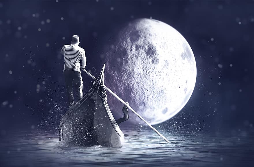 gondolier, vaixell, lluna, aigua, nit, llac, humor, lluna plena, romàntic, cel, llum de la lluna