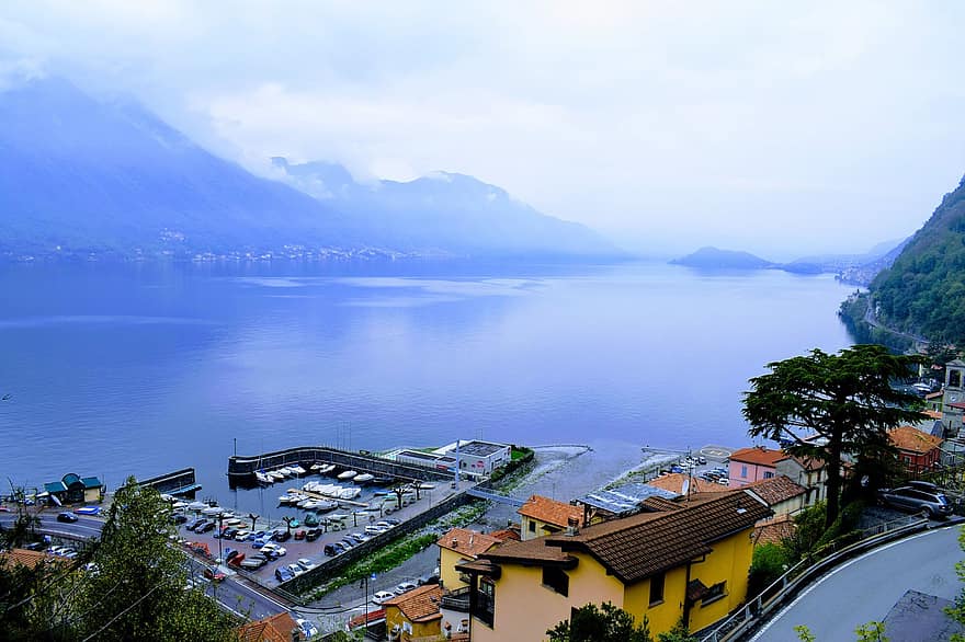 Como-järvi, järvi, portti, kaupunki, rakennukset, sumu, satama, vesi, vuoret, luonto, luonnonkaunis