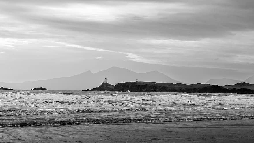 Anglesey, Lighthouse, Sea, Ocean, Beach, Newborough, Water, Waves, Surf, Mountains, Nature
