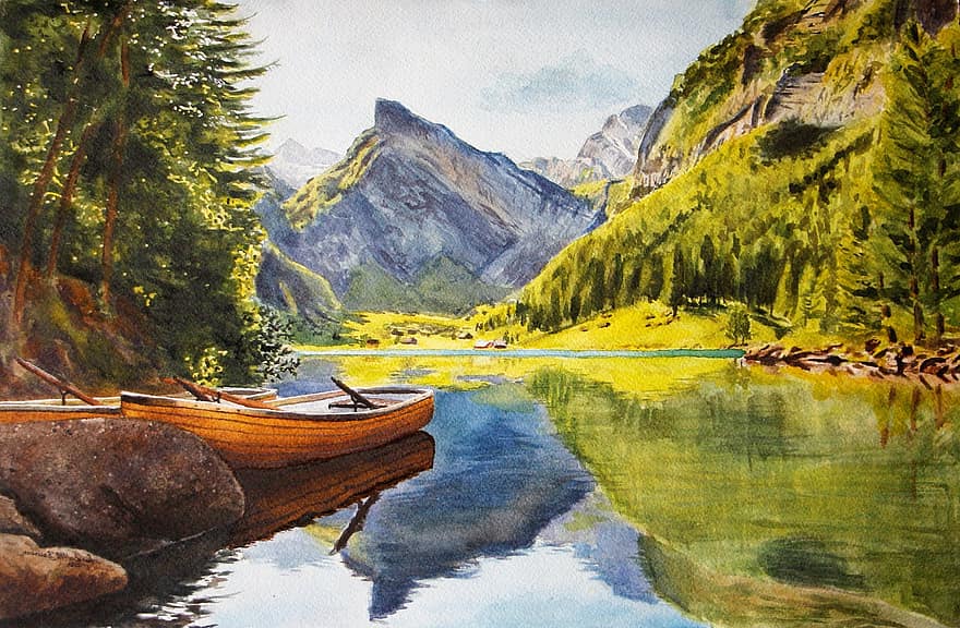 картина, покрасить, акварель, горы, озеро, Швейцария, природа, творческий, Рисование, художник, художественный