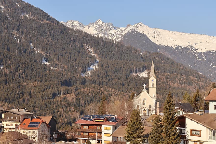 viaje, exploración, naturaleza, pueblo, Iglesia, edificios, montañas, arboles, Tirol, Austria, pilar