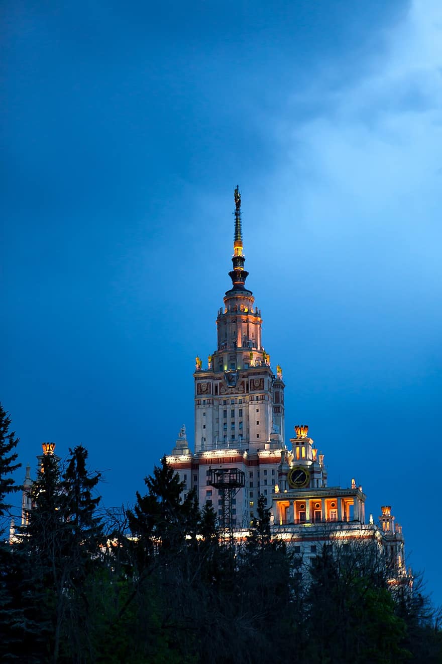 Moskva, Moskva State University, kveld, Lomonosov Moskva statsuniversitet, universitet