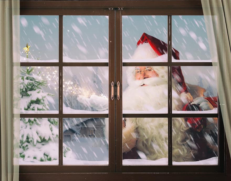 Święty Mikołaj, Boże Narodzenie, Wesołych Świąt, cyfrowe tło, tło, zimowy, Miesiąc zimowy, święta, okno, Fantazja
