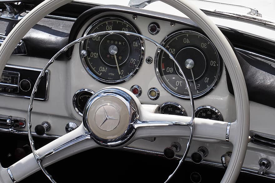 mercedes, antikkbil, klassiker, dashbord, ratt, detaljskudd, speedometer, bil, 190sl, Indre rom, historisk