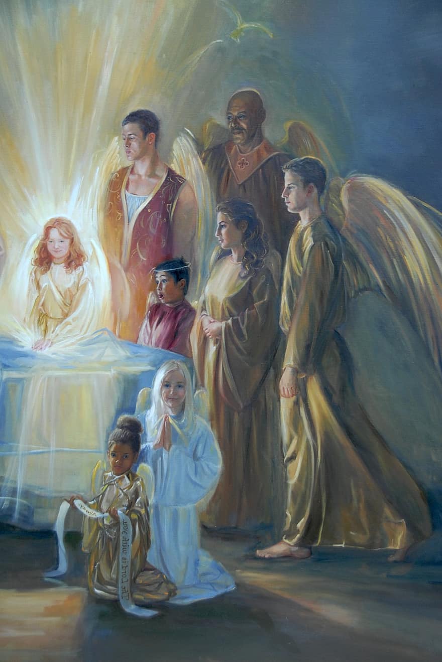 Jesus, född, mary, religion, ritning, vägg, kyrka, modern, änglar