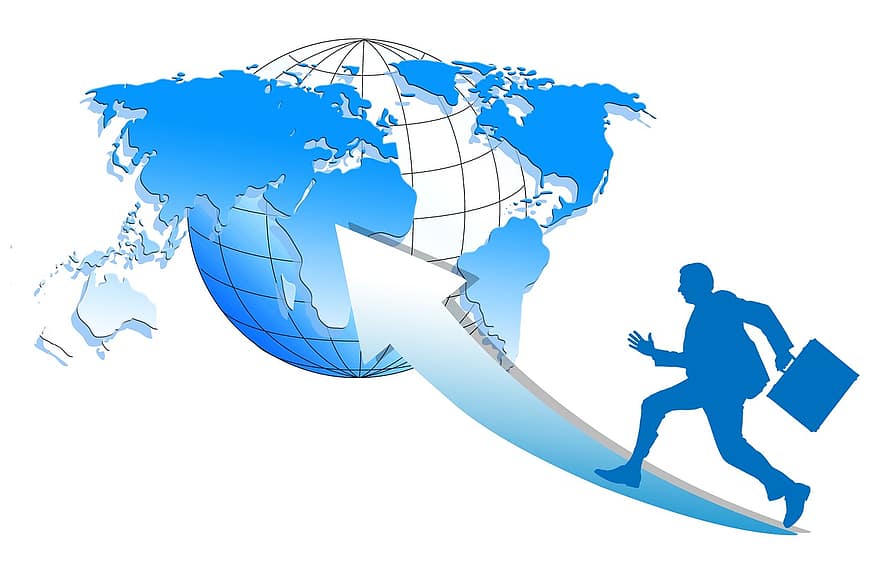 home de negocis, silueta, globus, continents, Els mercats emergents, economia, Finances, borsa, comerç, home, correr