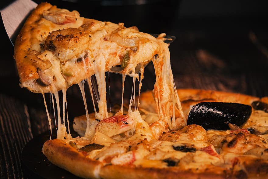 Pizza, comida, queso Mozzarella, queso, rebanada, carne, Tirador de queso, tocino, masa, pollo, camarón