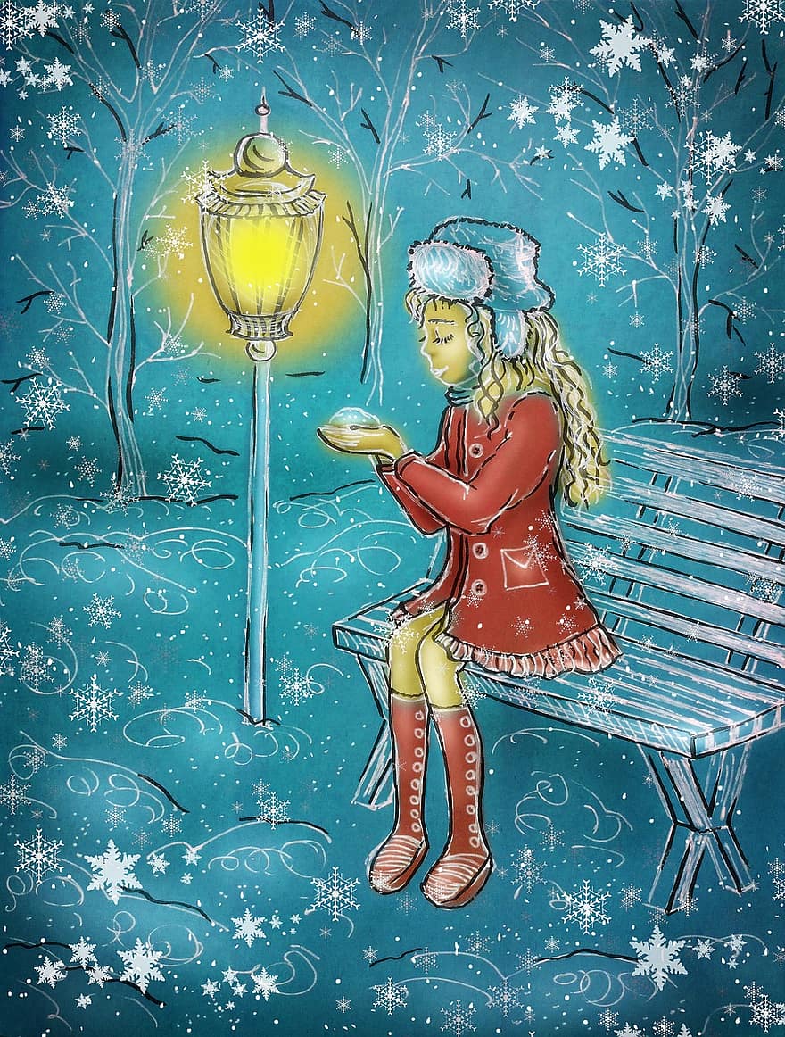 девушка, Дети, иллюстрация, история, детка, зимняя сказка, зима, фонарь, снег, скамейка, шапка