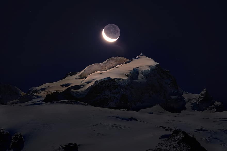 luz de la luna, creciente, cumbre, montaña, Luna, noche, cielo estrellado, estrella, cielo, naturaleza, paisaje